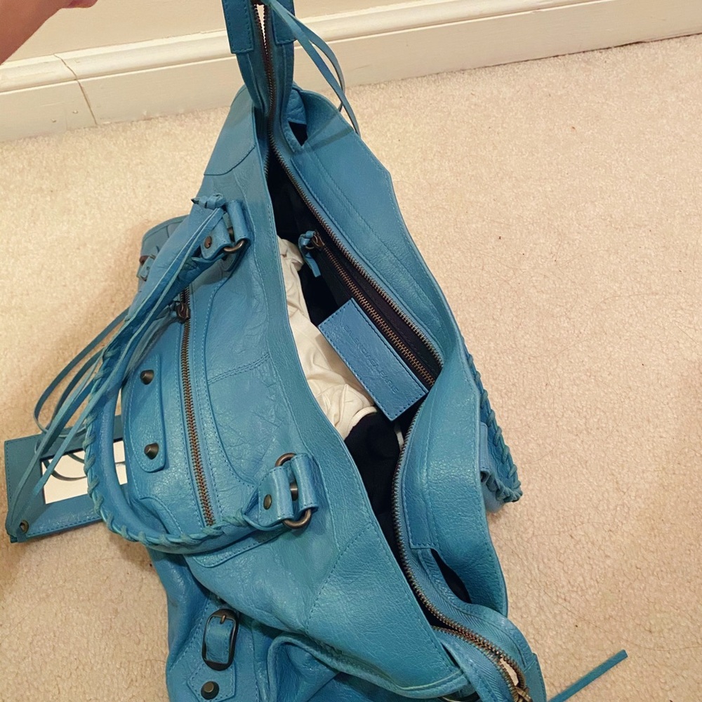 Balenciaga Turquoise Blue Leather Shoulder Bag with Braided Handles - Picture 5 of 6